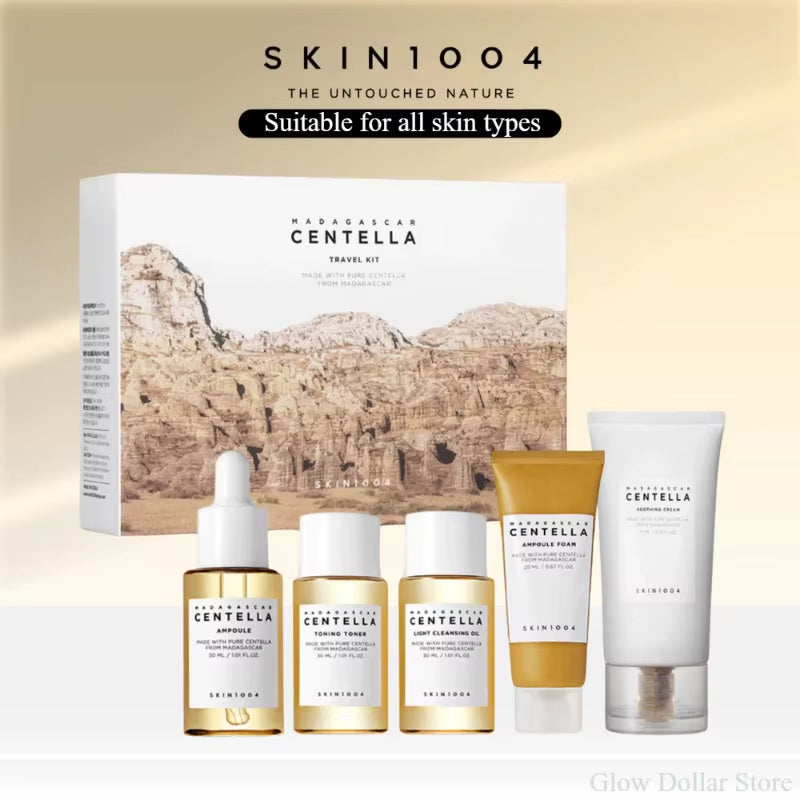Kit de viaje SKIN1004 Centella de Madagascar: tónico, ampolla, crema calmante, aceite limpiador, espuma para ampollas, cuidado básico de la piel (mini, 5 unidades)